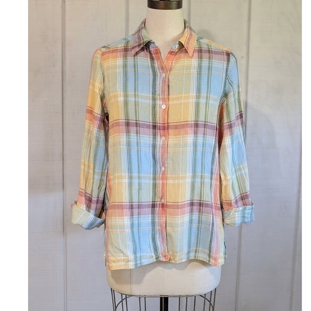 Vintage Jones New York Country Linen Plaid Button Down Shirt Multi-Color